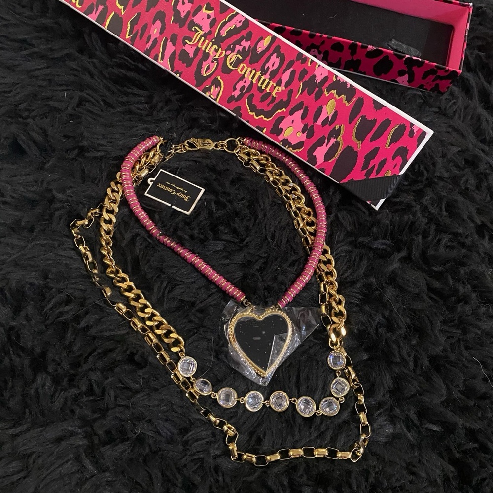 Juicy Couture Statement Elegant Multi Layered Crystal Gold Chain Necklace NWT